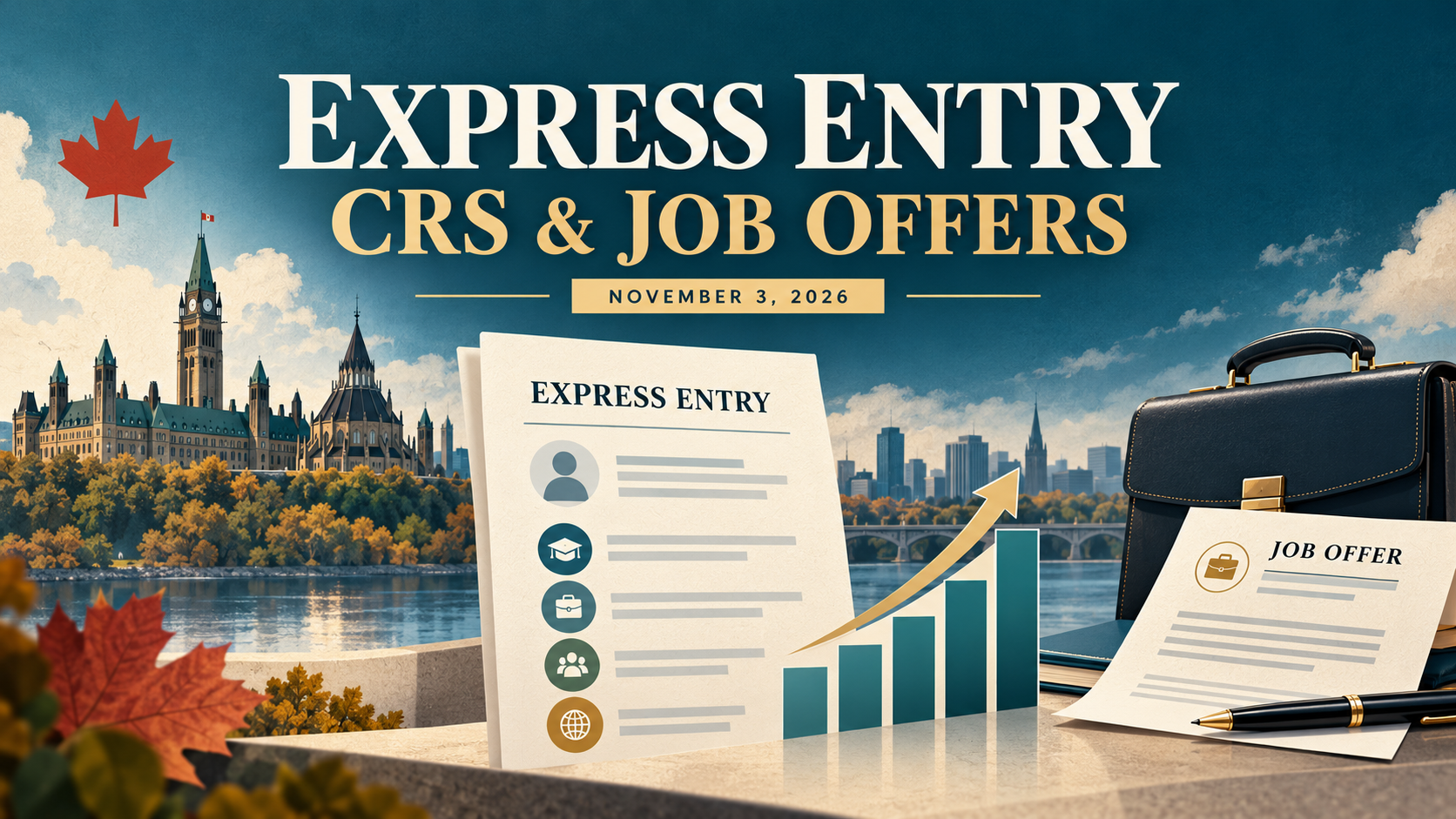 Express Entry主题示意配图：加拿大国会、评分图示及Job Offer文件，标注2026年11月3日